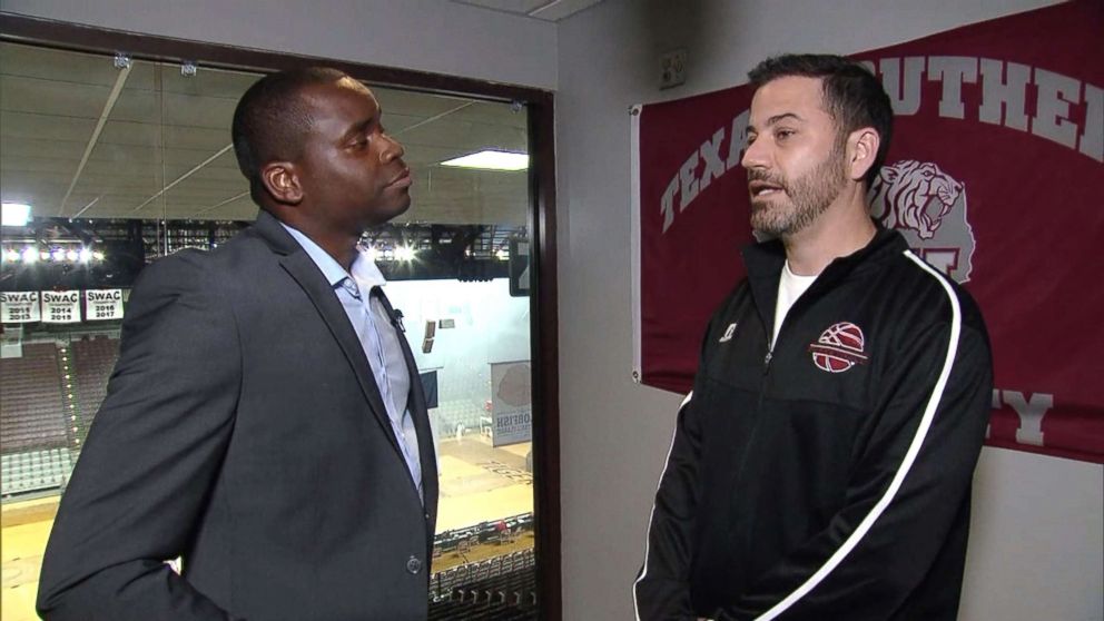 PHOTO: Jimmy Kimmel speaks with ABC's Marcus Moore ahead of Kimmel's basketball game against Sen. Ted Cruz in Houston, June 16, 2018.