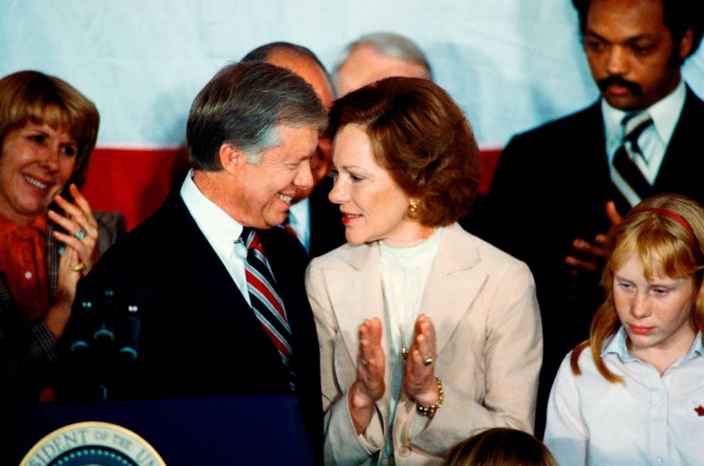 PHOTO: President Jimmy Carter is applauded by First Lady Rosalynn Carter and supporters after conceding defeat to Reagan during the 1980 presidential election, Nov 4, 1980.