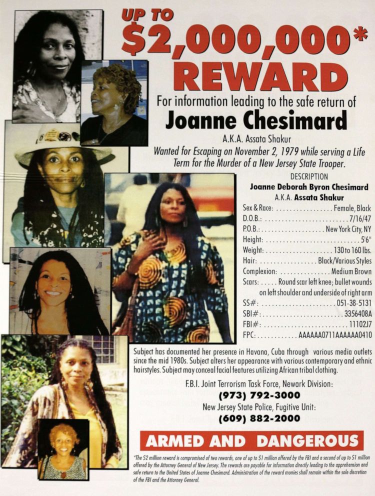 PHOTO: A poster with photographs of Joanne Chesimard, a fugitive for more than 30 years, is on display during a news conference giving updates on the search of Chesimard, Thursday, May 2, 2013, in Newark, N.J. 