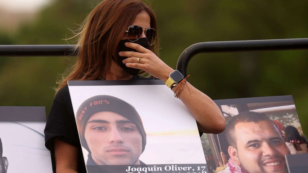 PHOTO: In this April 29, 2021, file photo, Patricia Oliver, mother of Joaquin Oliver, who was killed in the school shooting at Marjory Stoneman Douglas High School in Parkland, listens at an event on the National Mall in Washington, D.C.