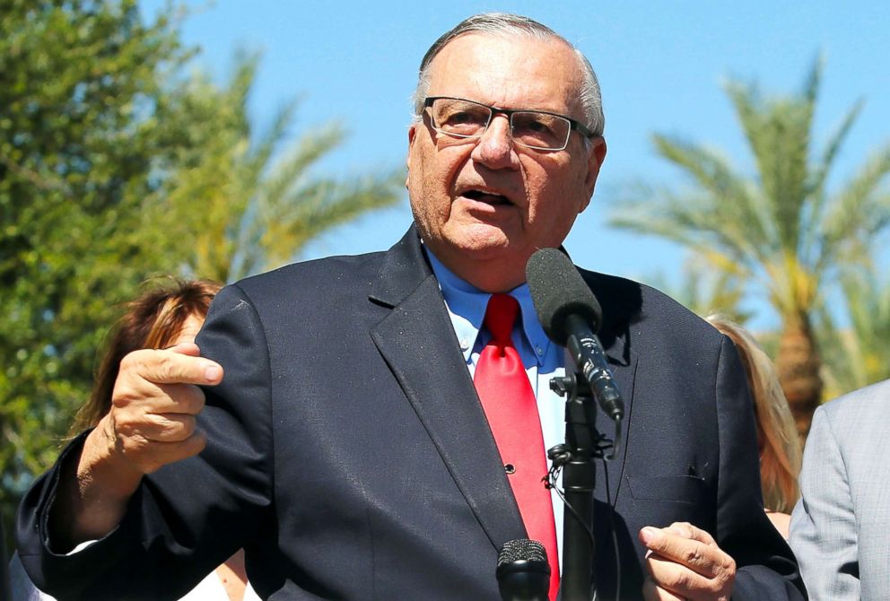 PHOTO: Former Maricopa County Sheriff Joe Arpaio speaks to the media in front of the Arizona State Capitol on May 22, 2018 in Phoenix.
