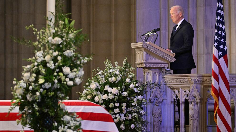 PHOTO: President Joe Biden delivers the eulogy at the State Funeral Service for former US President Jimmy Carter at the Washington National Cathedral in Washington, Jan. 9, 2025. 