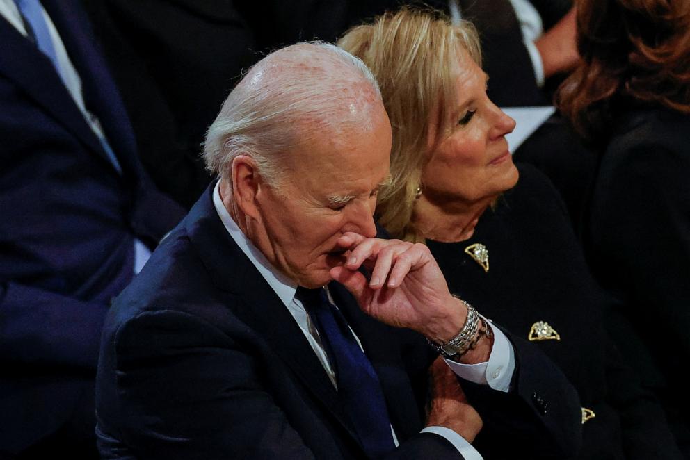 PHOTO: President Joe Biden and First Lady Jill Biden attend the State Funeral for former U.S. President Jimmy Carter at the Washington National Cathedral in Washington, Jan. 9, 2025. 