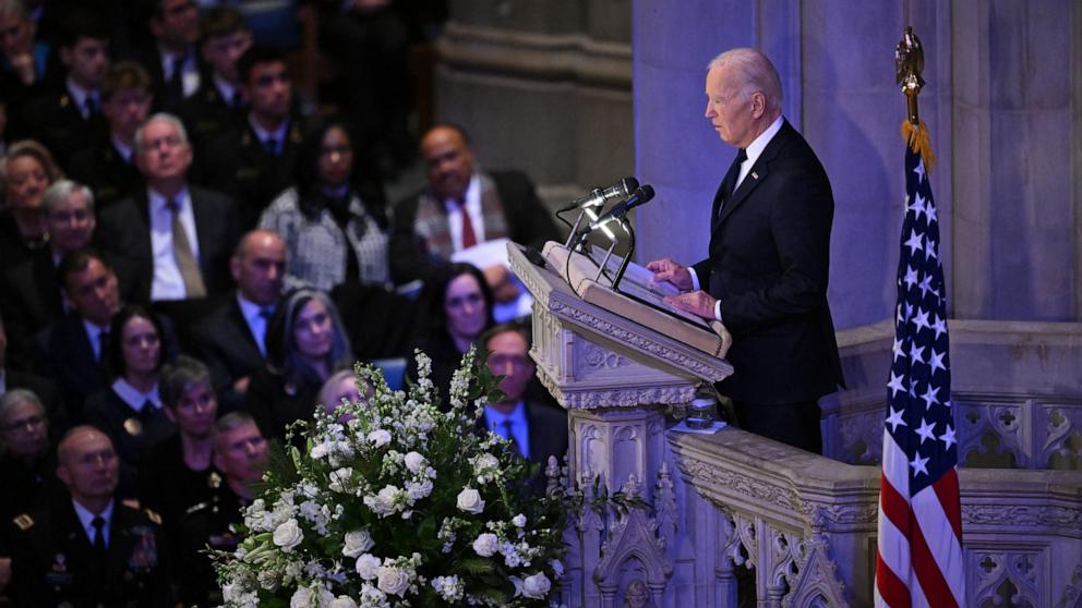 PHOTO: President Joe Biden delivers the eulogy at the State Funeral Service for former US President Jimmy Carter at the Washington National Cathedral in Washington, Jan. 9, 2025. 