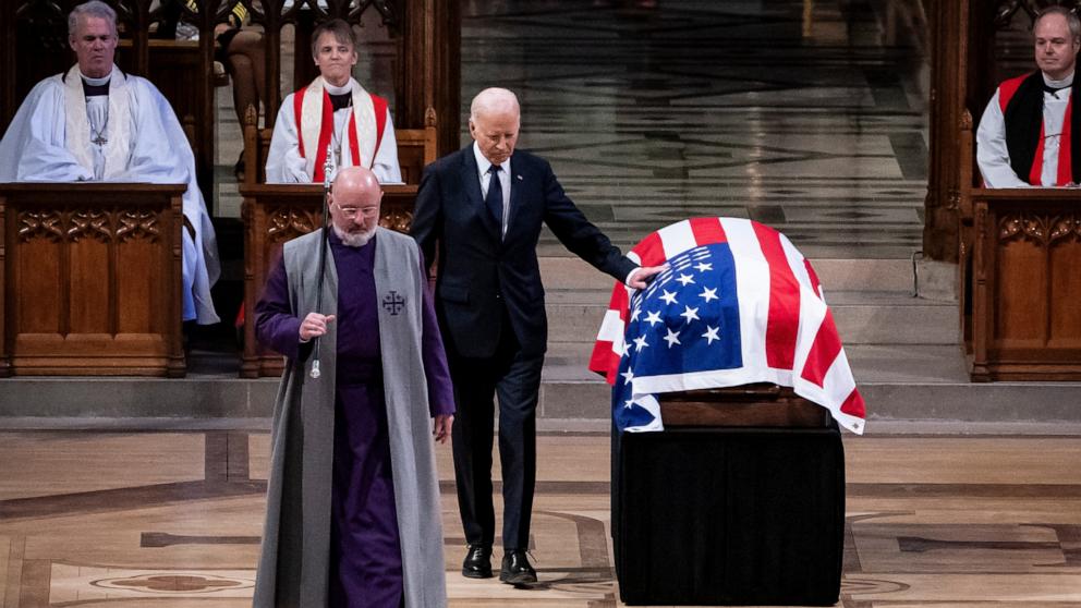 PHOTO: President Joe Biden touches the casket after delivering the eulogy at the State Funeral Service for former President Jimmy Carter at the Washington National Cathedral in Washington, Jan. 9, 2025.