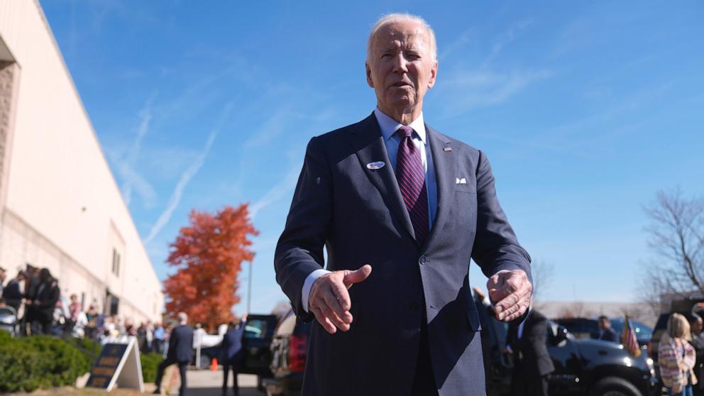 PHOTO: President Joe Biden speaks with reporters after casting his early-voting ballot for the 2024 general elections, Oct. 28, 2024, at a polling station in New Castle, Del.
