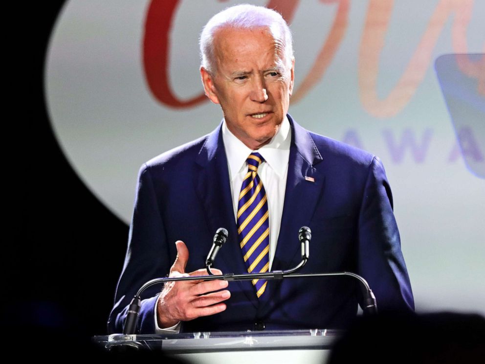 PHOTO: Former Vice President Joe Biden speaks at the Biden Courage Awards in New York, March 26, 2019.