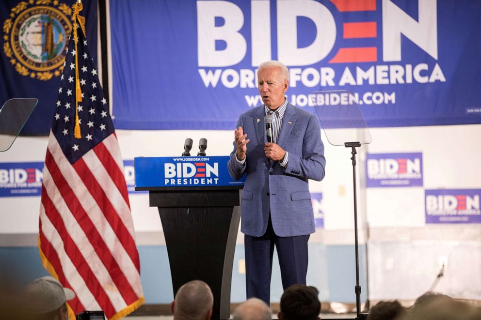 PHOTO: Former Vice President and Democratic presidential candidate Joe Biden holds a campaign event at the IBEW Local 490, June 4, 2019, in Concord, New Hampshire.