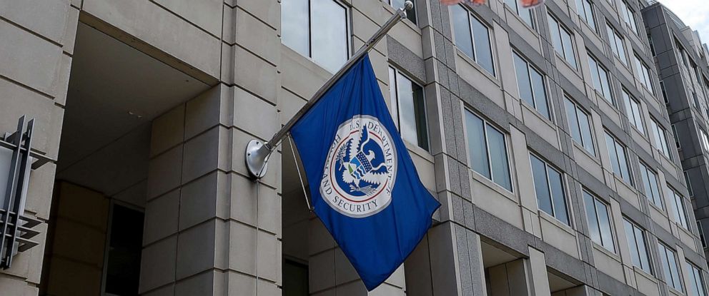 PHOTO: A Department of Homeland Security flag is displayed outside the Immigration and Customs Enforcement headquarters in Washington, July 17, 2020.