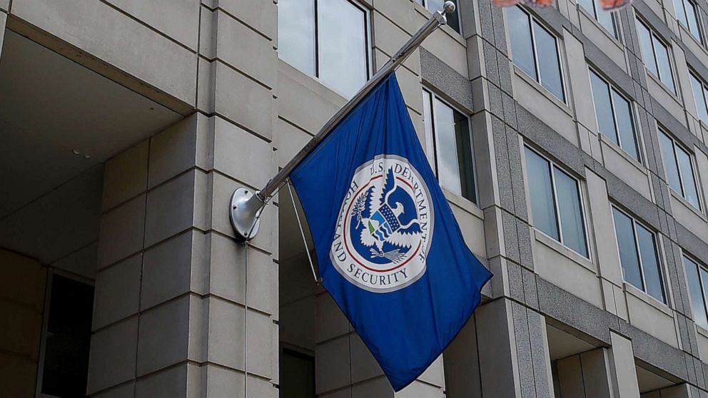 PHOTO: A Department of Homeland Security flag is displayed outside the Immigration and Customs Enforcement headquarters in Washington, July 17, 2020.
