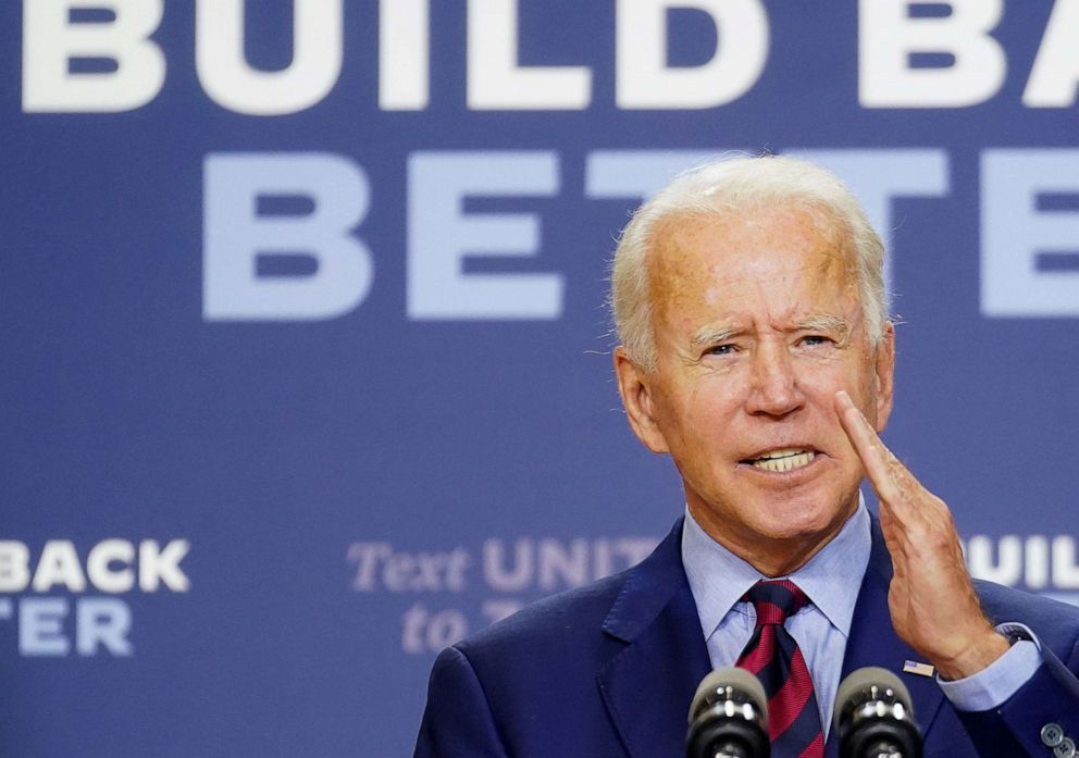 PHOTO: Democratic U.S. presidential nominee  Joe Biden discusses the economy during a speech in Wilmington, Del., Sept. 4, 2020. 