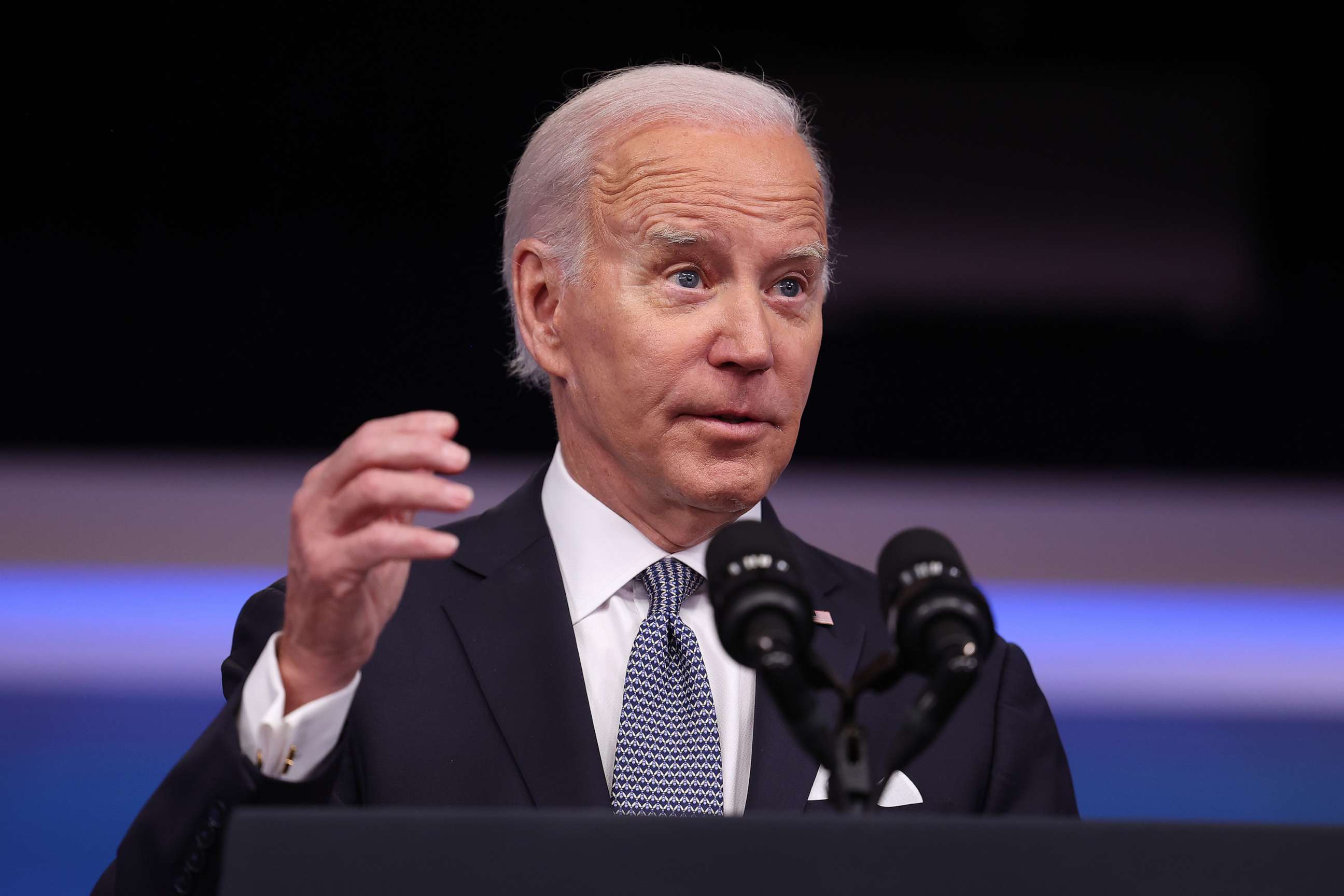 PHOTO: U.S. President Joe Biden delivers remarks on the economy and inflation in the Eisenhower Executive Office Building, Jan. 12, 2023 in Washington.