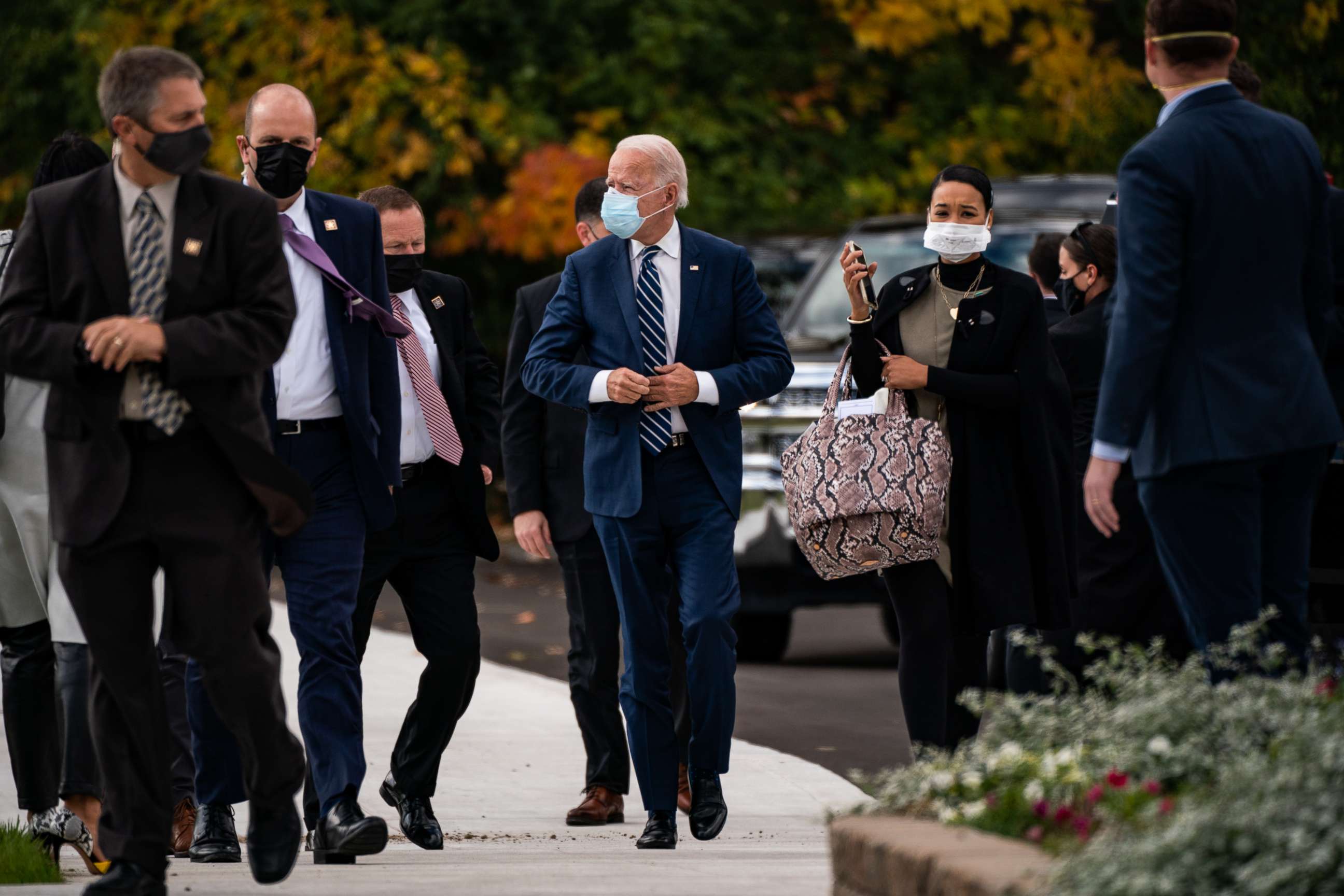 PHOTO: Former Vice President Joe Biden arrives to speak at Beech Woods Recreation Center during a campaign stop in Southfield, Mich., Oct. 16, 2020.