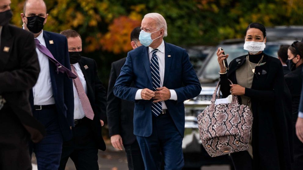 PHOTO: Former Vice President Joe Biden arrives to speak at Beech Woods Recreation Center during a campaign stop in Southfield, Mich., Oct. 16, 2020.