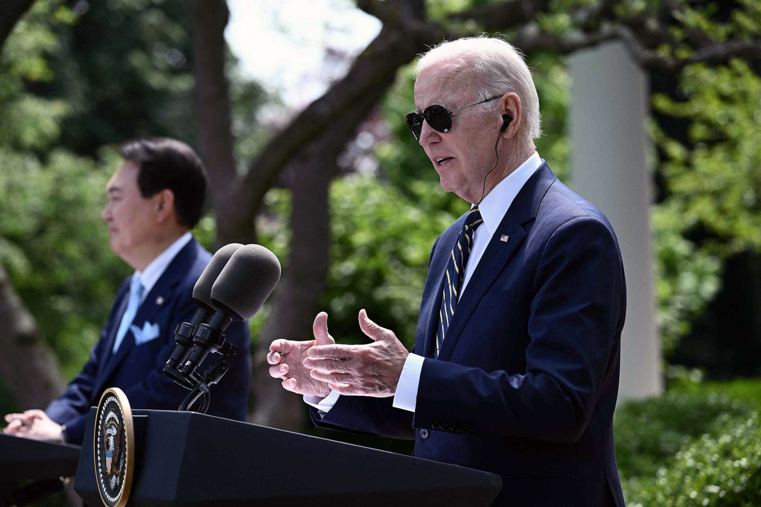 PHOTO: US President Joe Biden and South Korean President Yoon Suk Yeol participate in a news conference in the Rose Garden of the White House in Washington, DC, April 26, 2023.