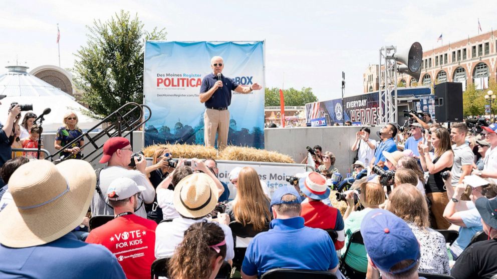 PHOTO: Former Vice President Joe Biden speaking on the Soapbox at the Iowa State Fair in Des Moines, Iowa on August 8, 2019.