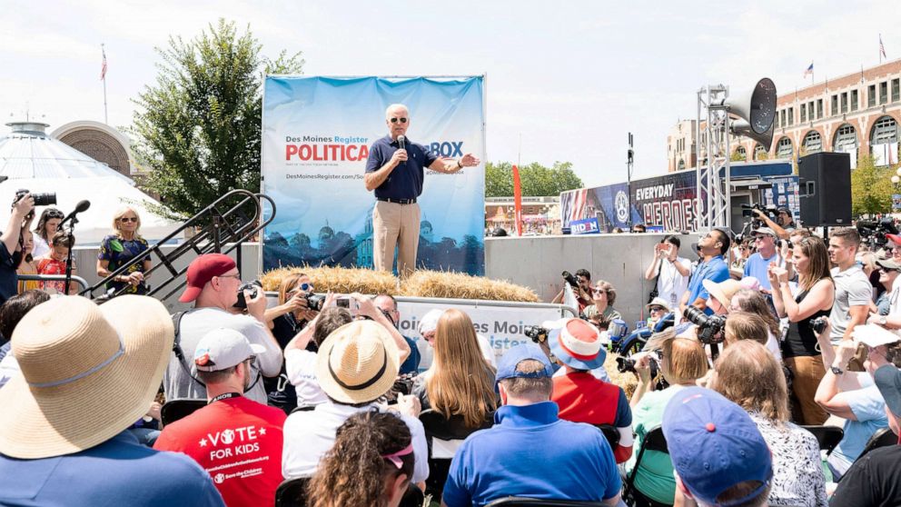 PHOTO: Former Vice President Joe Biden speaking on the Soapbox at the Iowa State Fair in Des Moines, Iowa on August 8, 2019.