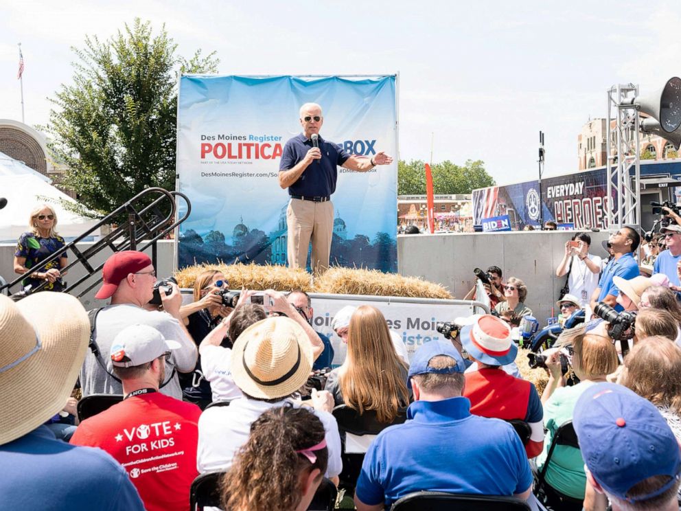 PHOTO: Former Vice President Joe Biden speaking on the Soapbox at the Iowa State Fair in Des Moines, Iowa on August 8, 2019.