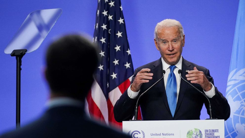PHOTO: President Joe Biden speaks during a press conference at the UN Climate Change Conference in Glasgow, Scotland, Nov. 2, 2021.