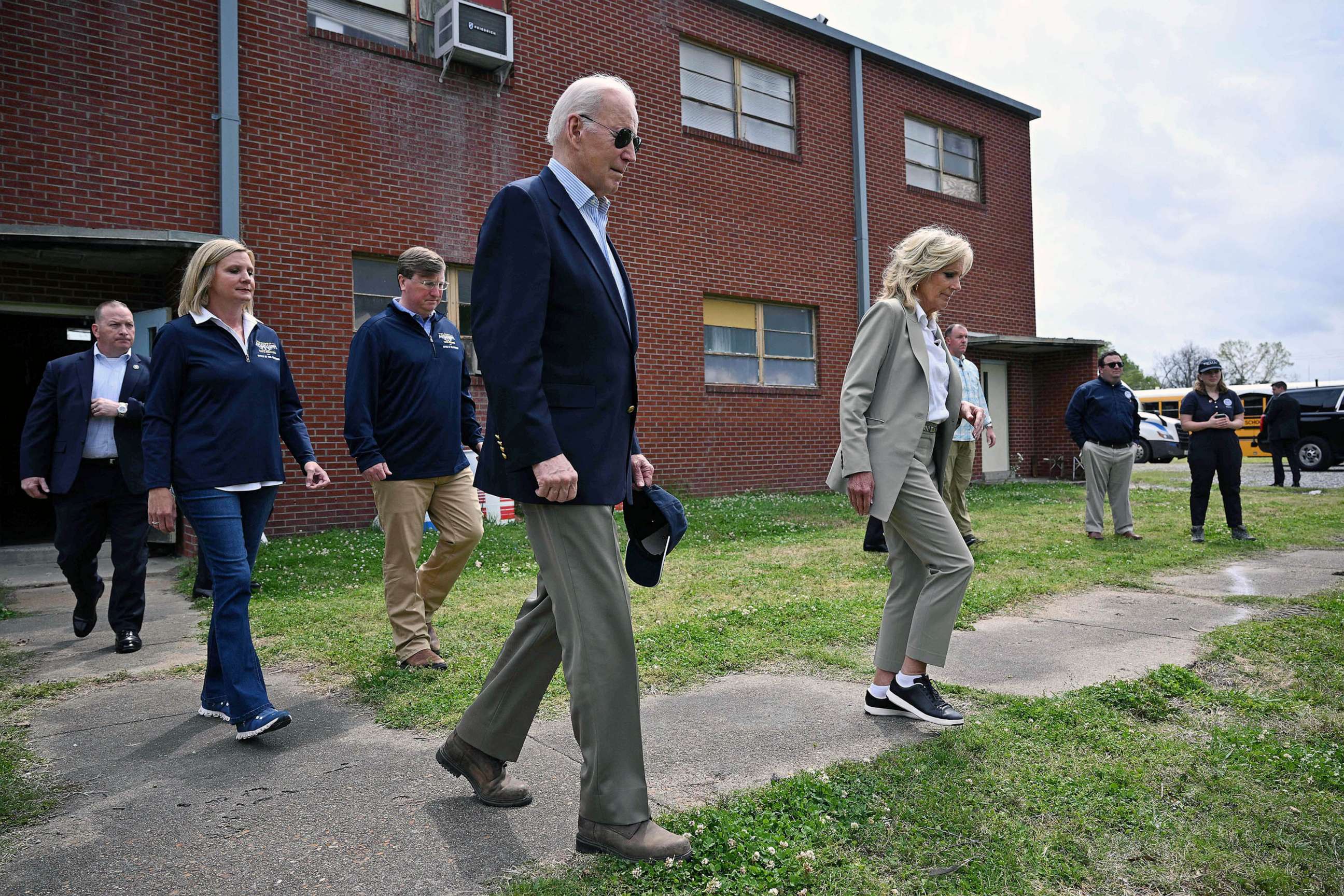 PHOTO: President Joe Biden, First Lady Jill Biden arrive to receive an operational briefing by federal, local, and state officials on response and recover efforts at the South Delta Elementary School in Rolling Fork, Miss., March 31, 2023.