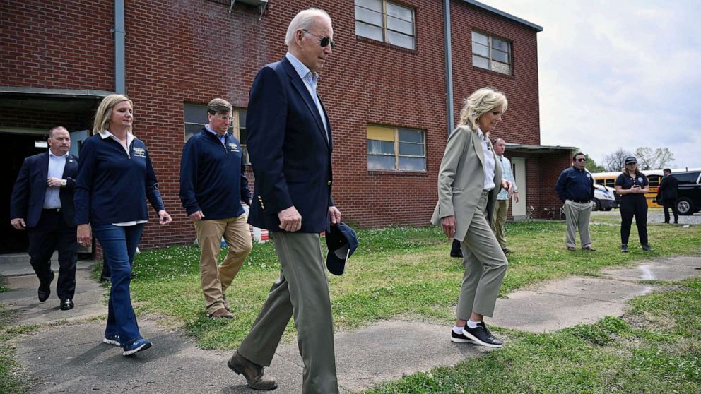 PHOTO: President Joe Biden, First Lady Jill Biden arrive to receive an operational briefing by federal, local, and state officials on response and recover efforts at the South Delta Elementary School in Rolling Fork, Miss., March 31, 2023.