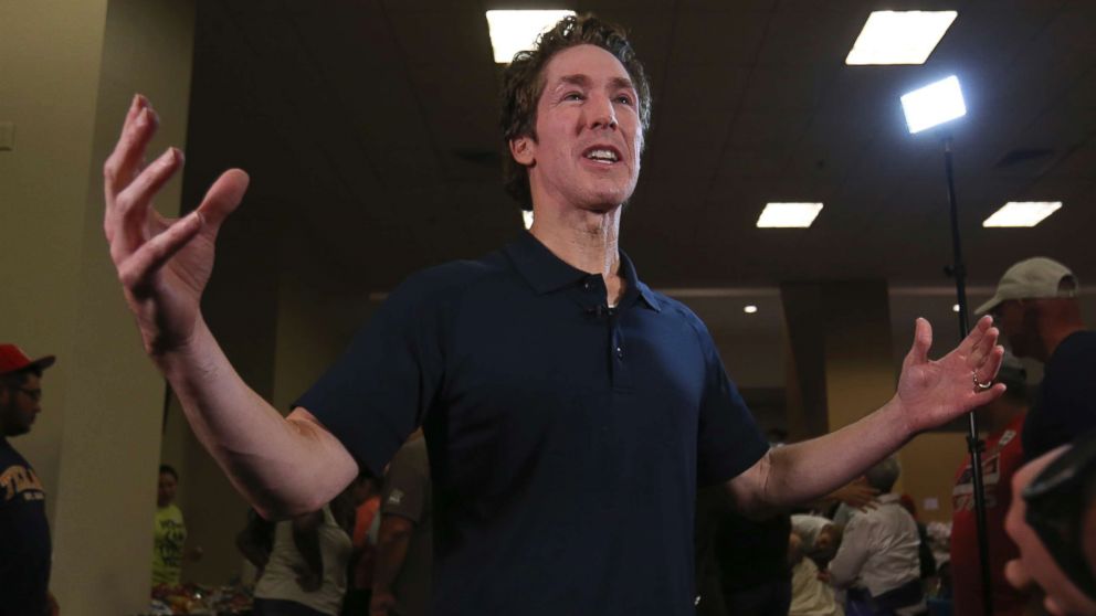 PHOTO: Pastor Joel Osteen gives an interview at his Lakewood Church in Houston, Aug. 29, 2017. Osteen and his congregation have set up their church as a shelter for evacuees from the flooding by Tropical Storm Harvey. 