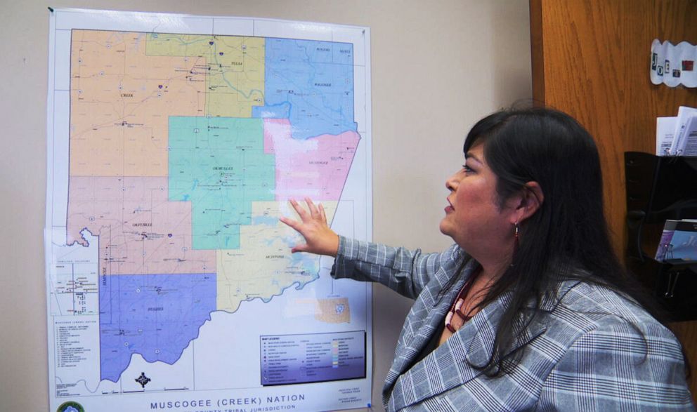 PHOTO: JoEtta Toppah, assistant attorney general of the Muscogee Creek Nation, shows "Nightline" a map of the tribe's sovereign land.