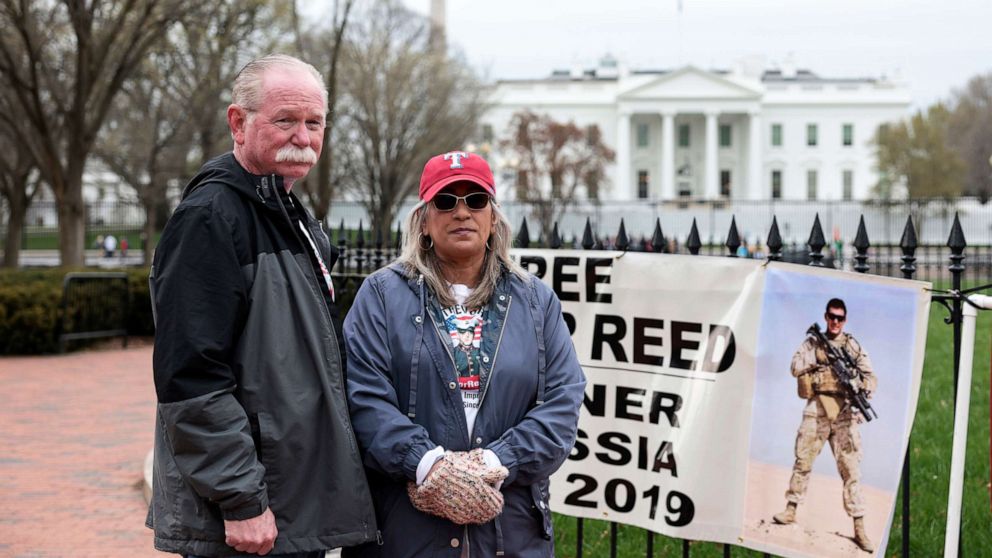 PHOTO: Joey Reed and Paula Reed, the parents of Trevor Reed, a U.S. Marine who is currently being detained in a Russian prison, demonstrate in Lafayette Park near the White House, on March 30, 2022, in Washington, D.C.