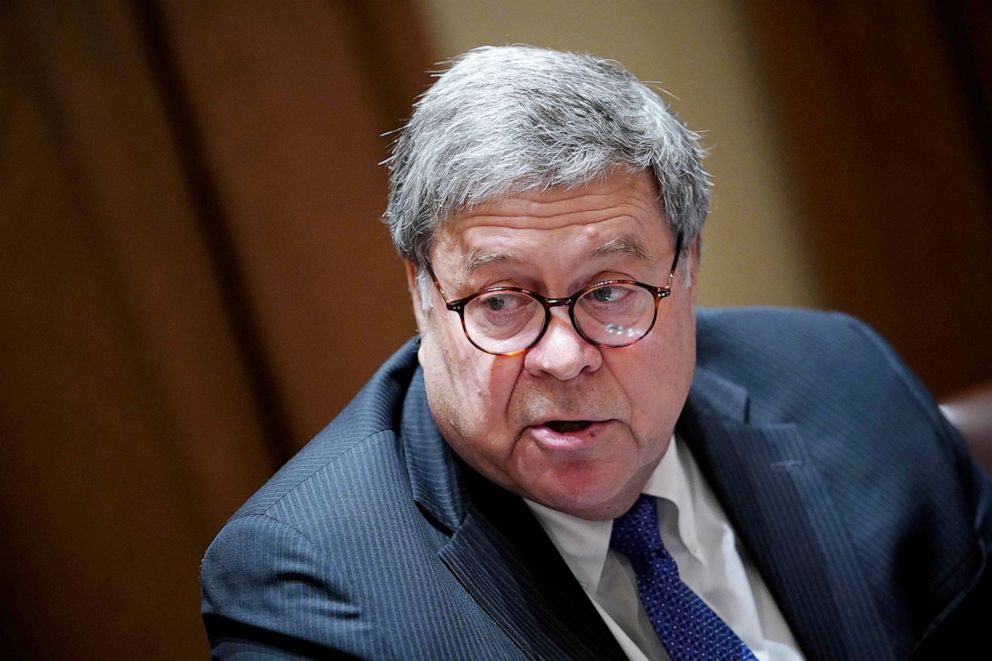 PHOTO: Attorney General William Barr speaks during a discussion with state attorneys general on protection from social media abuses in the Cabinet Room of the White House in Washington, Sept. 23, 2020.