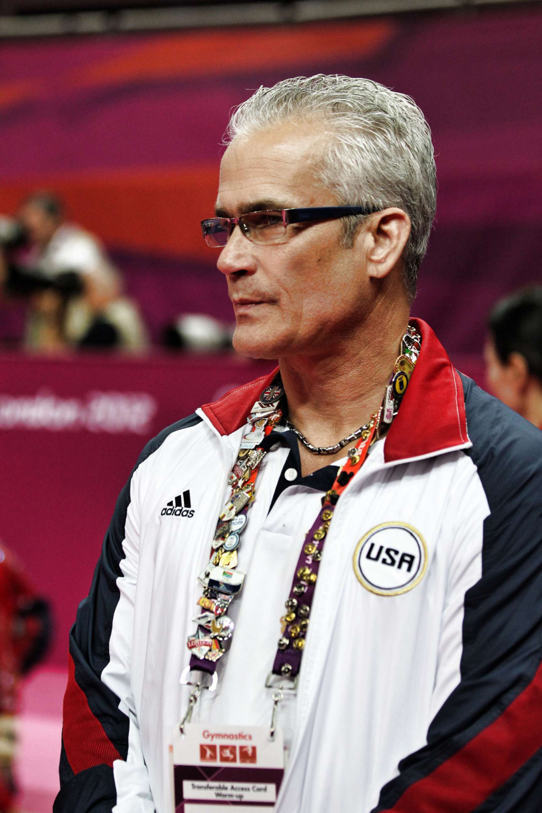 PHOTO: In this July 31, 2012, file photo, John Geddert, coach of the US women's gymnastics team, is shown during the Women's Team Gymnastics competition at the 2012 Olympics in London.