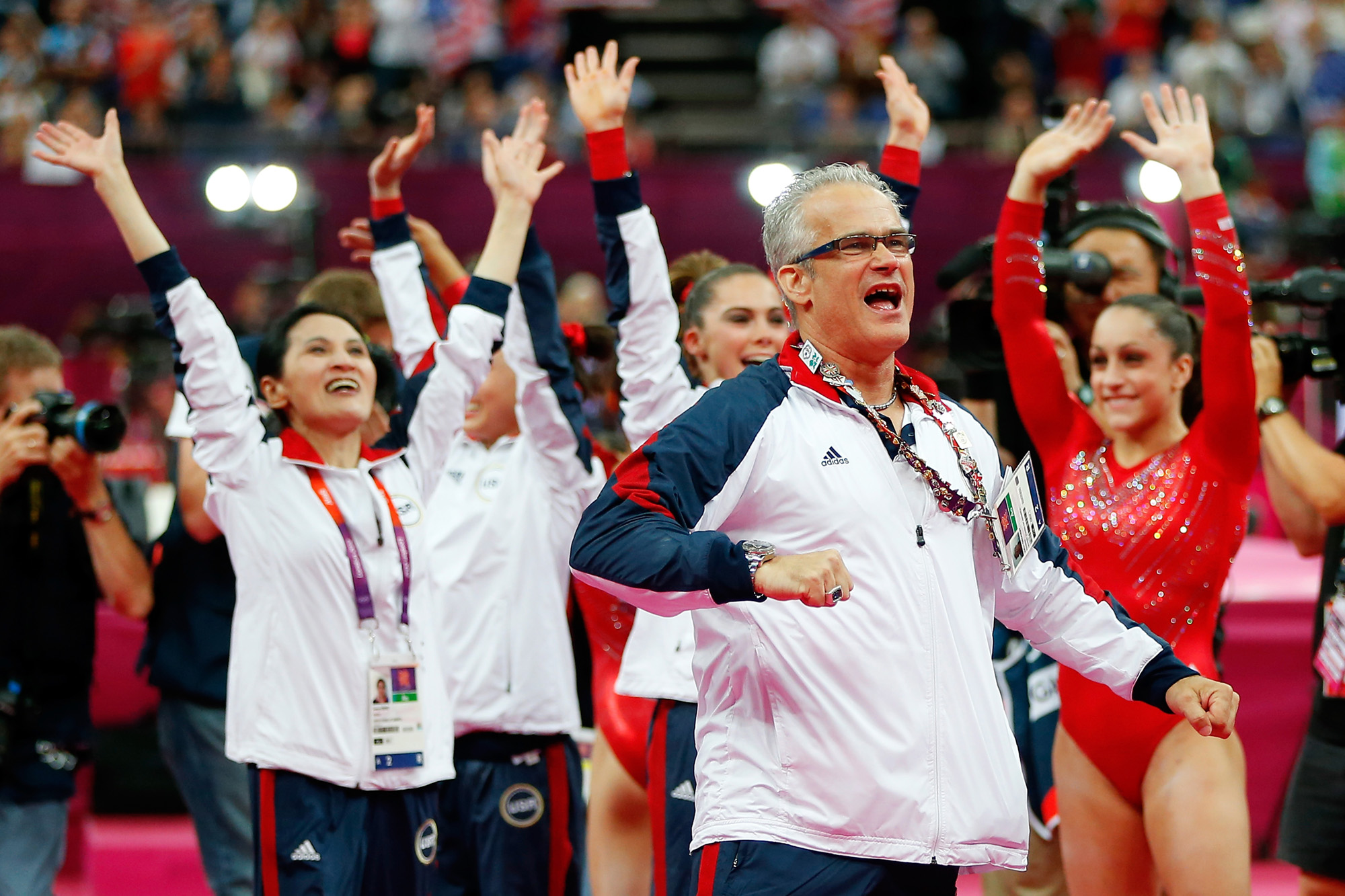 PHOTO: In this July 31, 2012, file photo, US women's gymnastics coach John Geddert celebrates during the final rotation in the Artistic Gymnastics Women's Team final on Day 4 of the London 2012 Olympic Games at North Greenwich Arena in London.