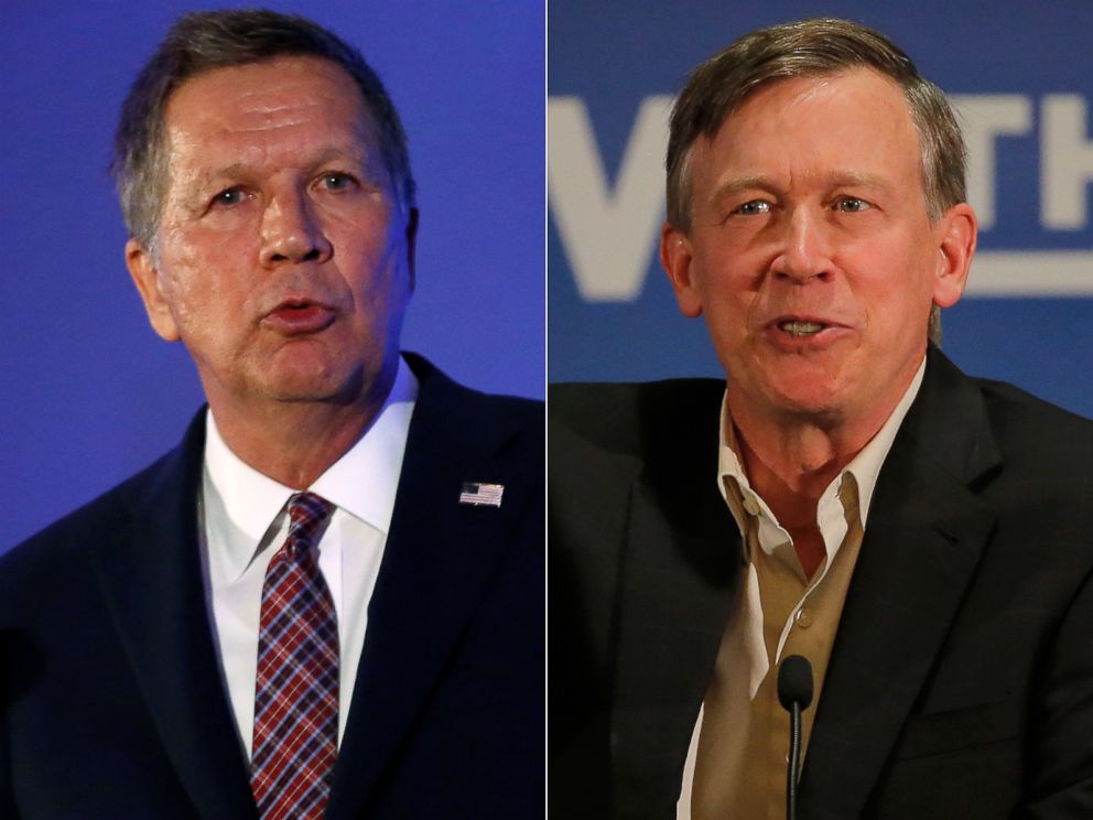 PHOTO: Pictured (L-R) in these file photos are John Kasich in Burlingame, Calif., April 29, 2016 and John Hickenlooper in Aurora, Colo., Oct. 21, 2014.