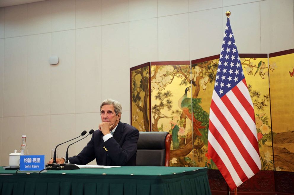 PHOTO: U.S. Special Presidential Envoy for Climate John Kerry attends a meeting via video link with the Chinese Director of the Office of the Foreign Affairs Commission from Tianjin, China, Sept. 2, 2021.