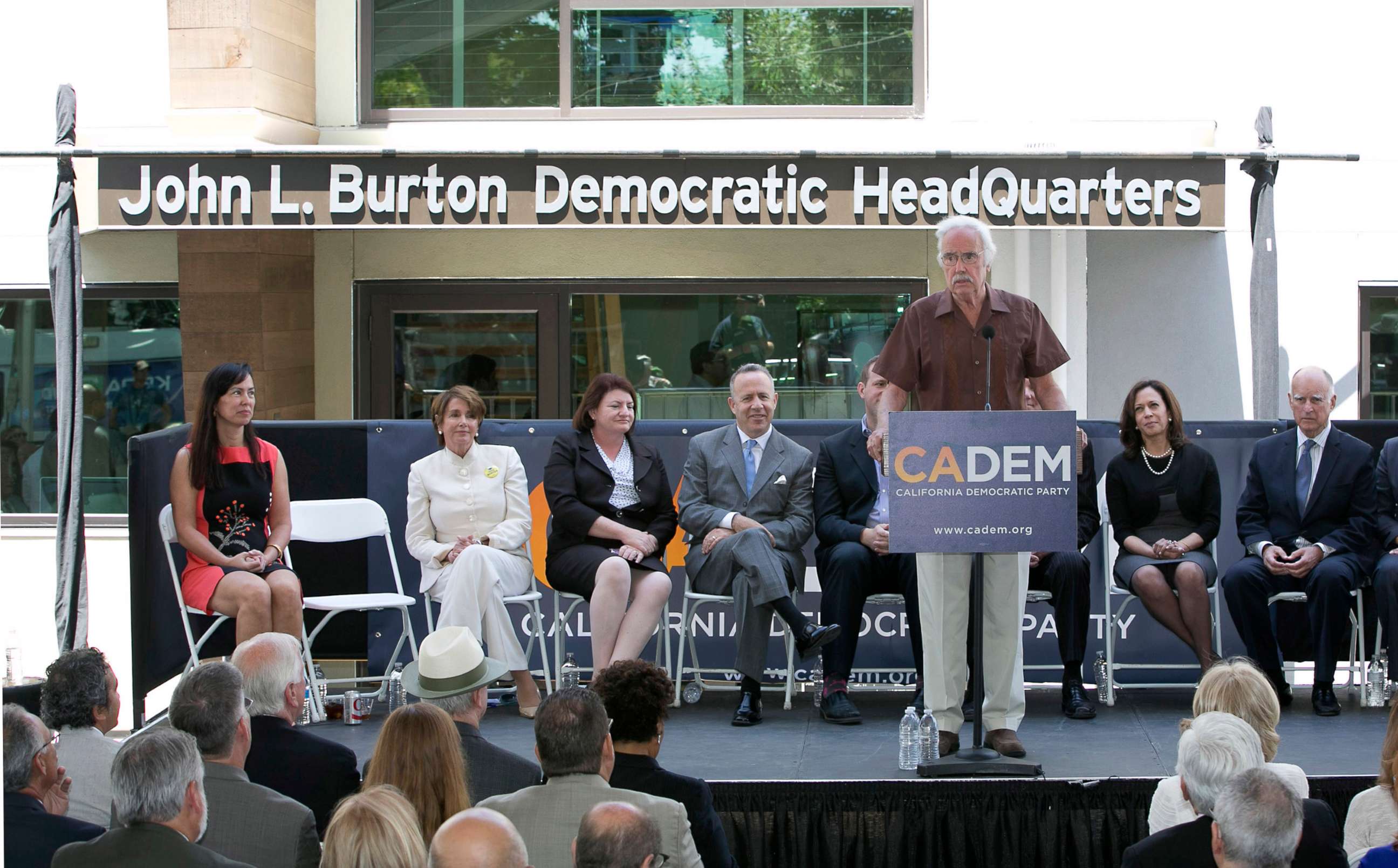PHOTO: California Democratic Party Chairman John Burton speaks during the dedication of the John L. Burton California Democratic Party Headquarters in Sacramento, Calif., June 16, 2014. Two men have been charged with plotting to blow up the headquarters.
