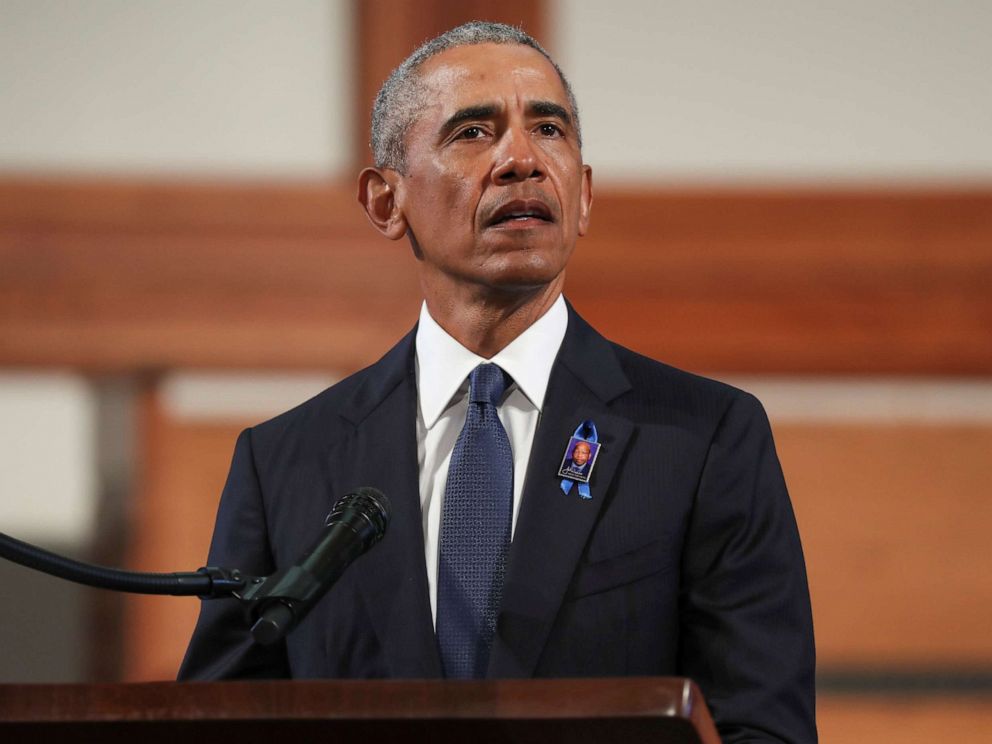 PHOTO: Former President Barack Obama speaks during the funeral of late Congressman John Lewis at Ebeneezer Baptist Church in Atlanta, July 30, 2020.