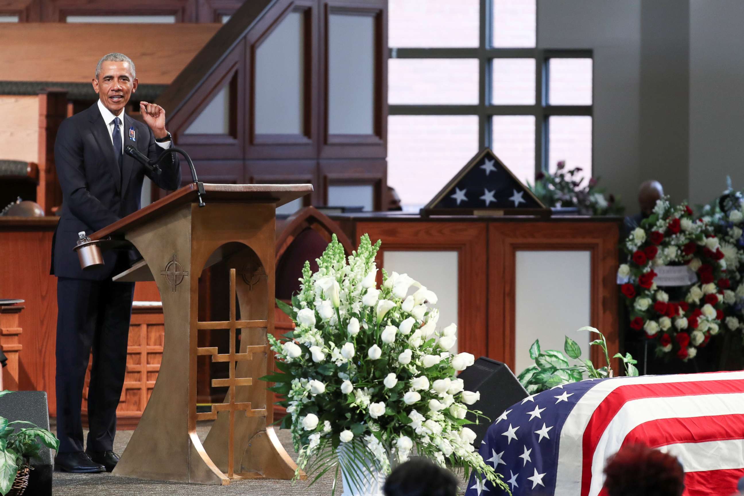 PHOTO: Former President Barack Obama speaks during the funeral of late Congressman John Lewis at Ebeneezer Baptist Church in Atlanta, July 30, 2020.