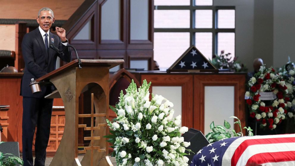 PHOTO: Former President Barack Obama speaks during the funeral of late Congressman John Lewis at Ebeneezer Baptist Church in Atlanta, July 30, 2020.