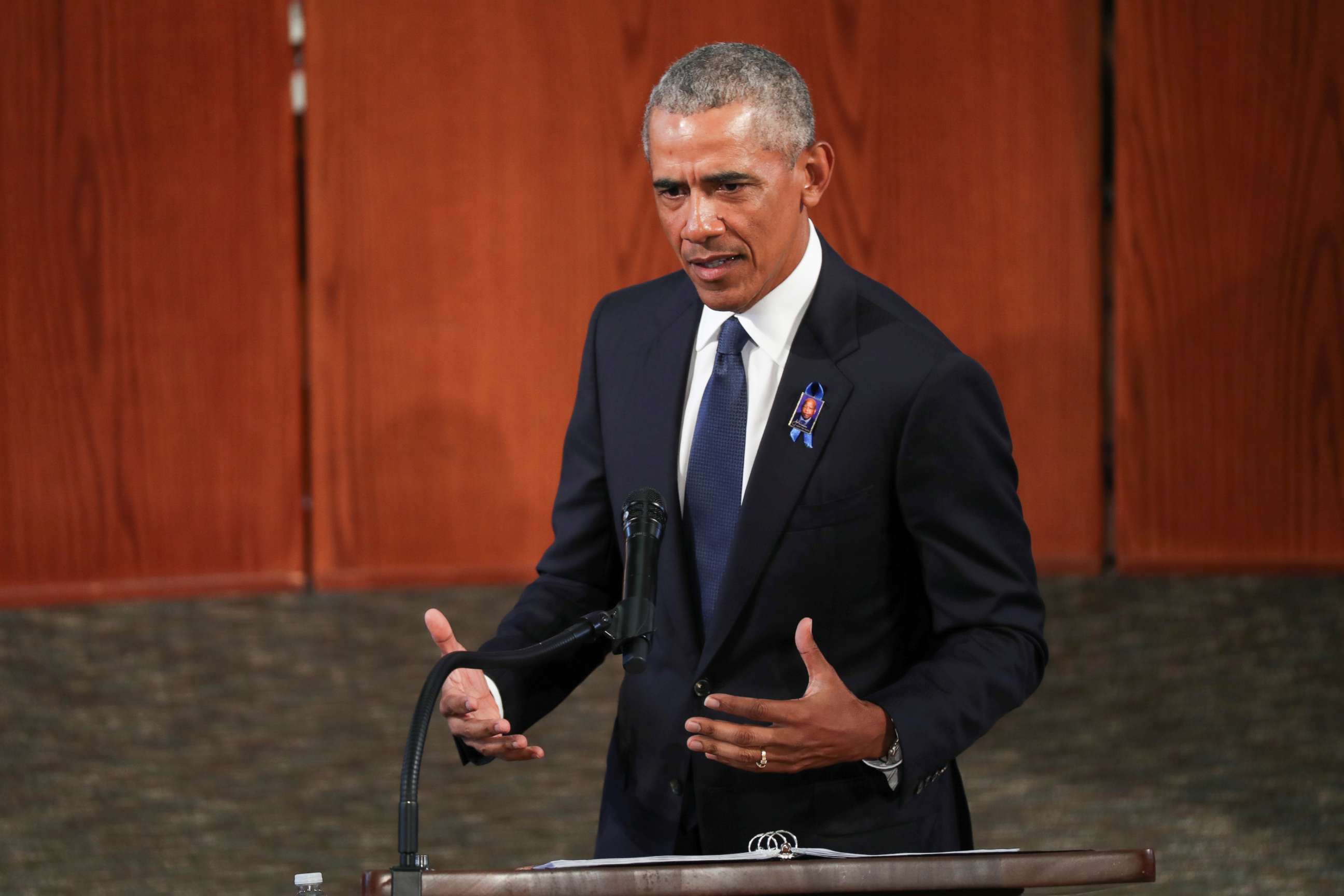 PHOTO: Former President Barack Obama speaks during the funeral of late Congressman John Lewis at Ebeneezer Baptist Church in Atlanta, July 30, 2020.