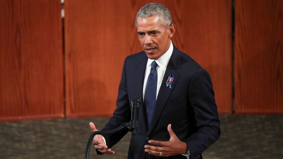 PHOTO: Former President Barack Obama speaks during the funeral of late Congressman John Lewis at Ebeneezer Baptist Church in Atlanta, July 30, 2020.