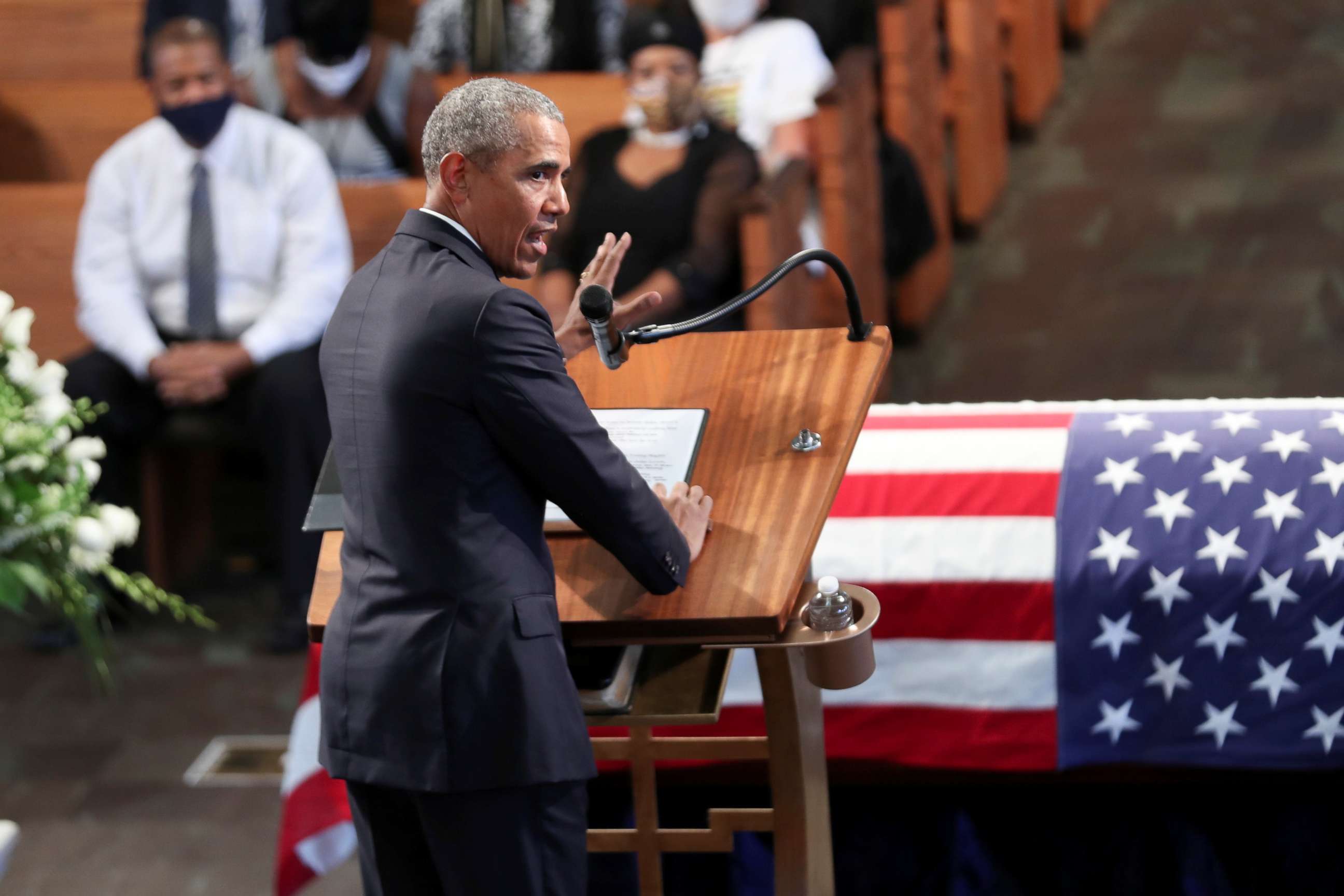 PHOTO: Former President Barack Obama addresses the service during the funeral of late Congressman John Lewis at Ebeneezer Baptist Church in Atlanta, July 30, 2020.