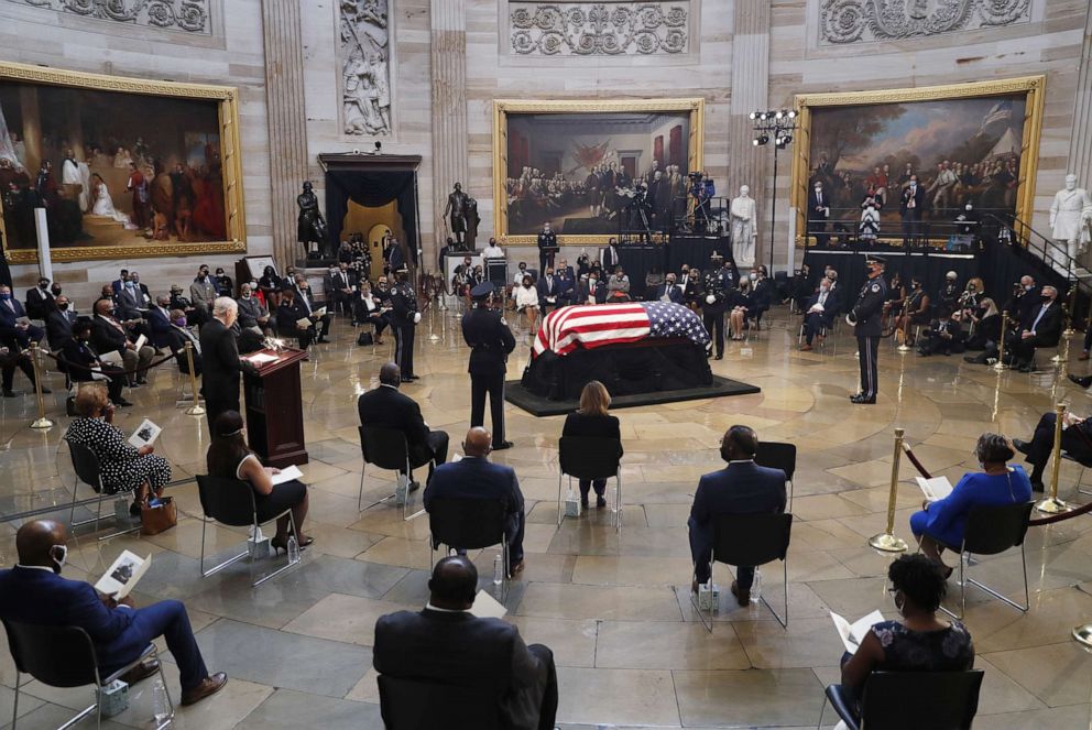 PHOTO: In this July 27, 2020, file photo, the casket of former Rep. John Lewis lies in state in the Rotunda of the U.S. Capitol for a memorial service in Washington, D.C.