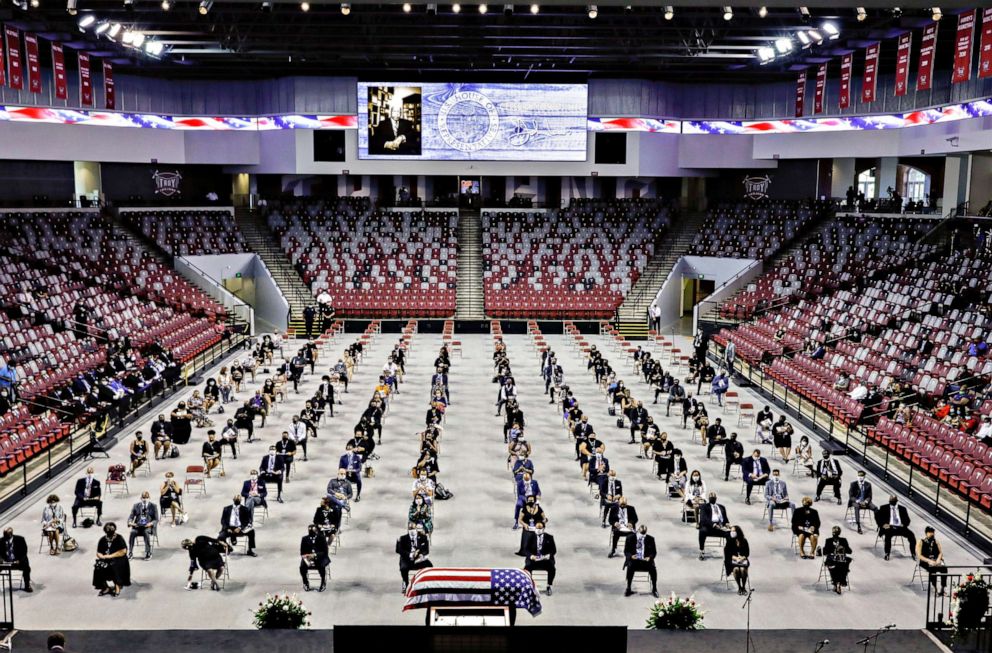 PHOTO: People pay their respects to the late Congressman John Lewis, a pioneer of the civil rights movement and long-time member of the U.S. House of Representatives, who died July 17, at Troy University's Trojan Arena in Troy, Ala., July 25, 2020.