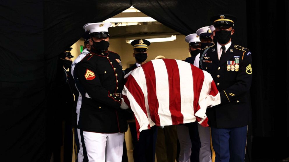 PHOTO: Pallbearers carry the casket with the body of Rep. John Lewis during The Boy from Troy service celebrating Lewis' life on July 25, 2020, in Troy, Ala.