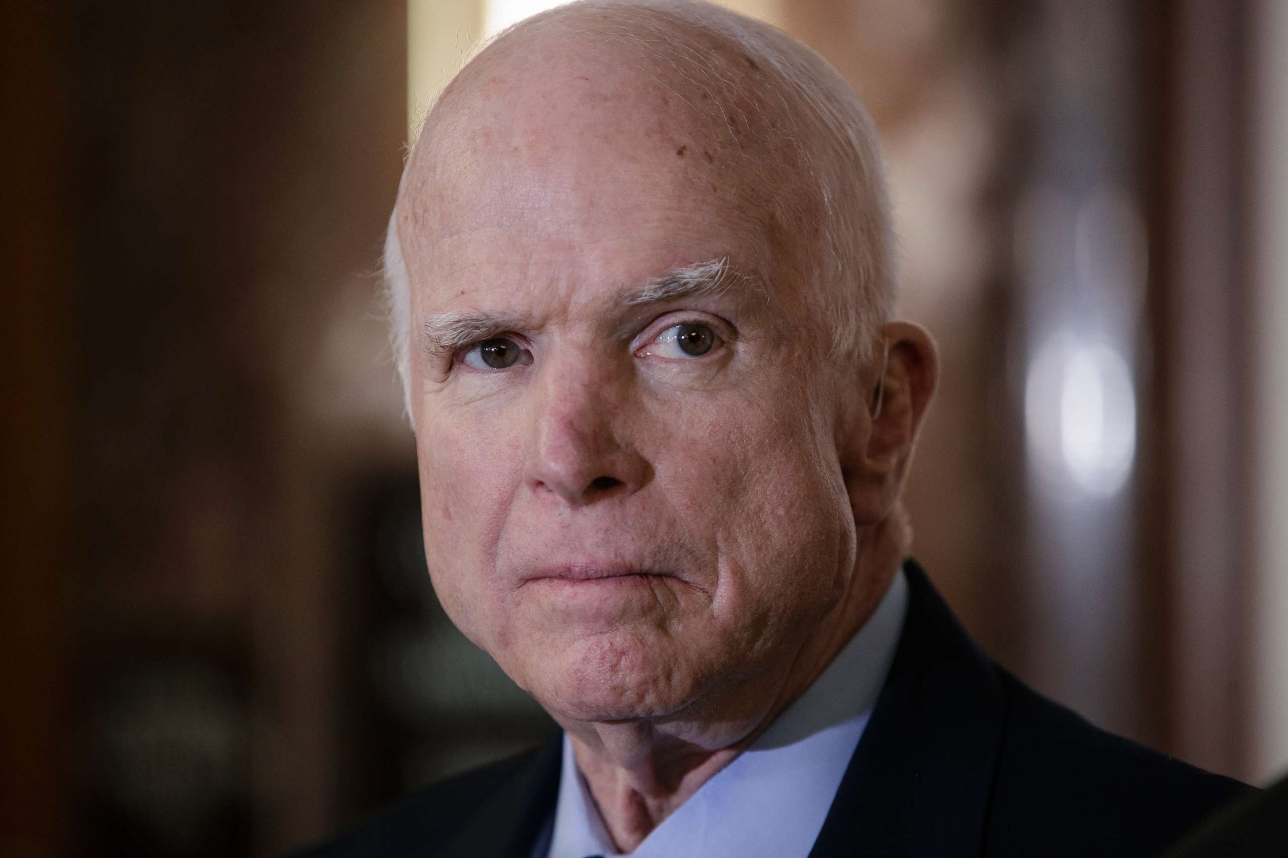 PHOTO: In this Oct. 25, 2017, file photo, John McCain, pauses before speaking to reporters during a meeting of the National Defense Authorization Act conferees, on Capitol Hill in Washington. 