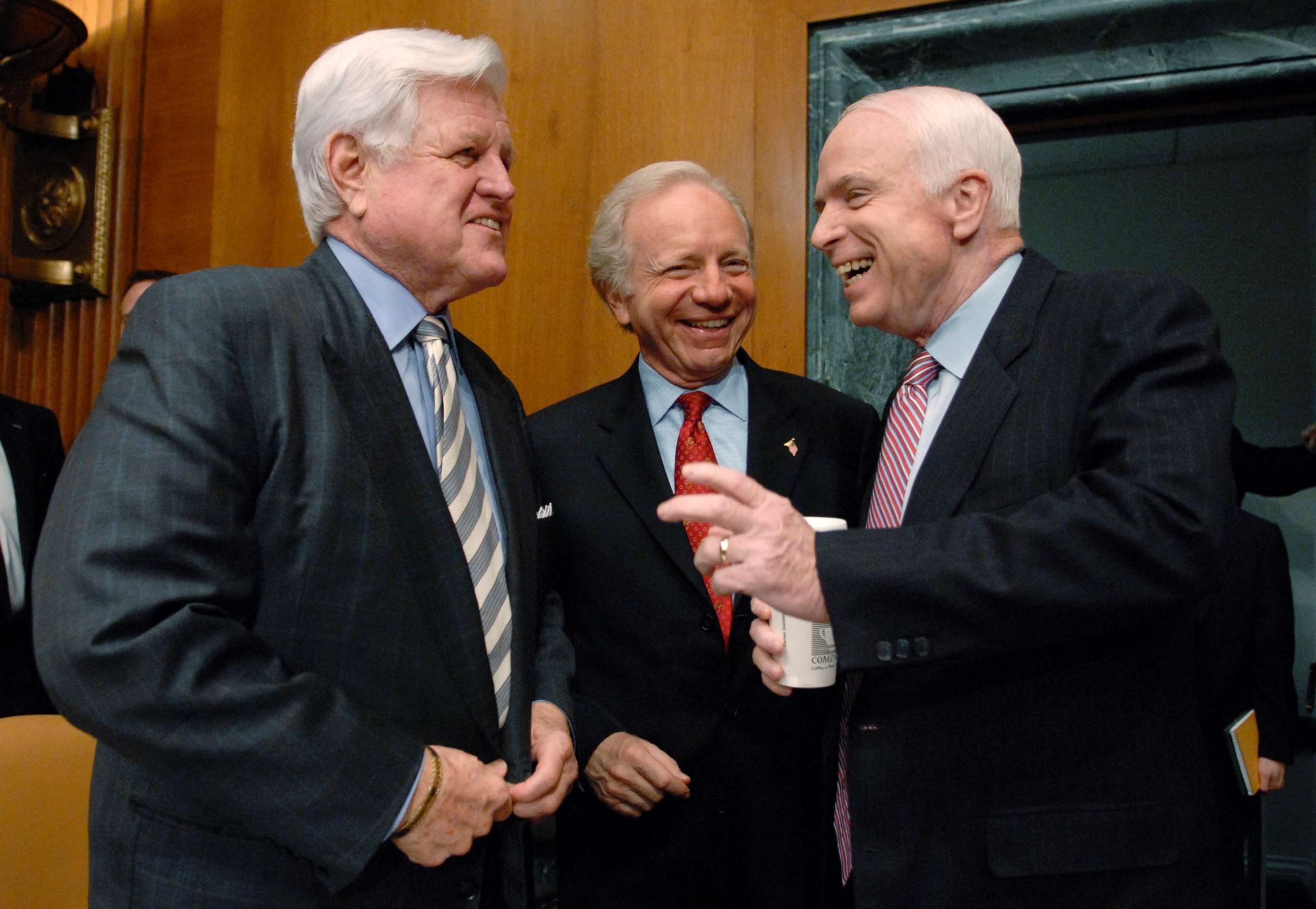 PHOTO: Senators Ted Kennedy, Joe Lieberman and John McCain speak to one another before the Senate Armed Services Committee hearing the war in Iraq on Capitol Hill in Washington, April 8, 2008.