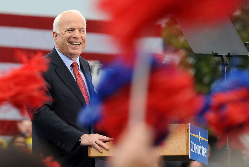 PHOTO: Republican presidential candidate John McCain speaks during a rally at the Heartland High School & Academy in Belton, Missouri, Oct. 20, 2008.