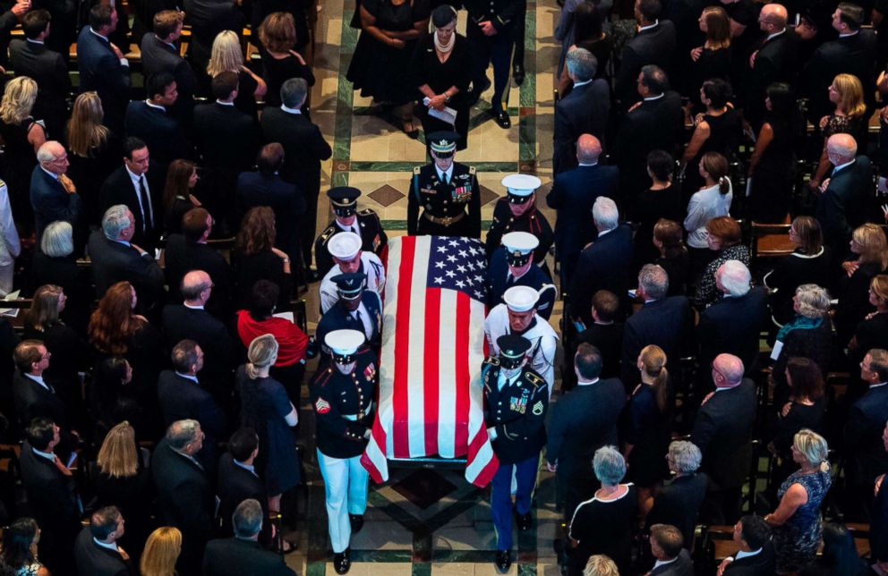 PHOTO: The casket of  the late Sen. John McCain, Republican of Arizona, is carried out after the National Memorial Service at the Washington National Cathedral in Washington, D.C., Sept. 1, 2018.