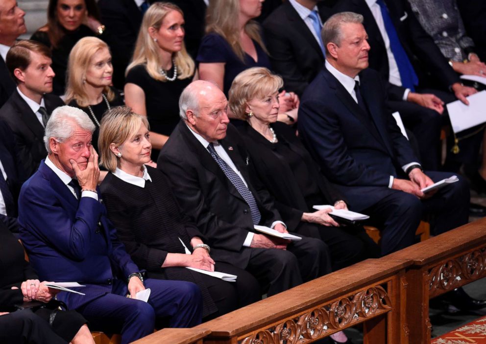 PHOTO: (L-R) Bill Clinton, Hillary Clinton, Dick Cheney, Lynne Cheney and Al Gore attend a memorial service for Sen. John McCain at the Washington National Cathedral in Washington, Sept. 1, 2018.