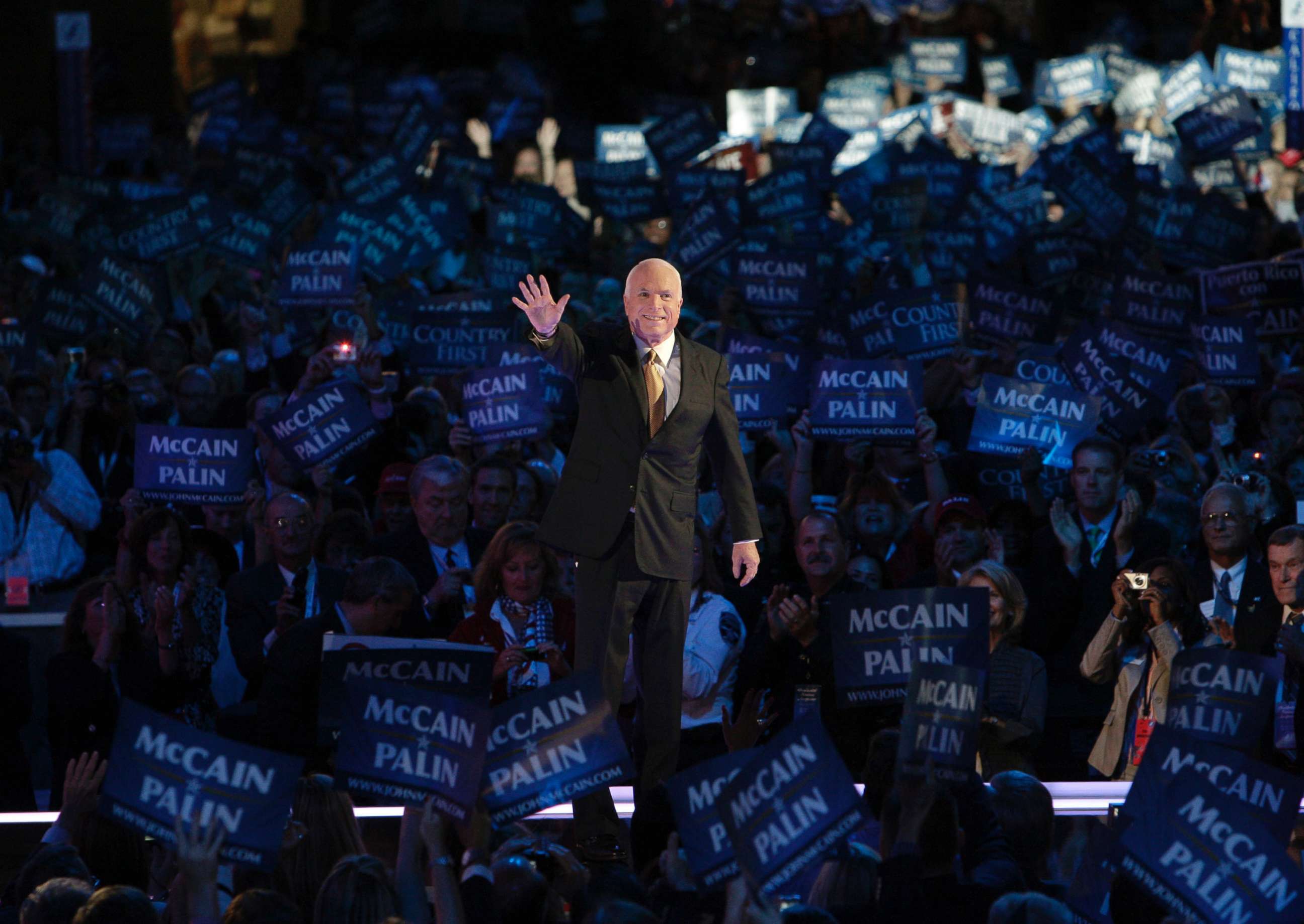 PHOTO: Senator and presidential candidate John McCain acknowledges the crowd at the Republican National Convention in St. Paul, Minn., Sept. 4, 2008.