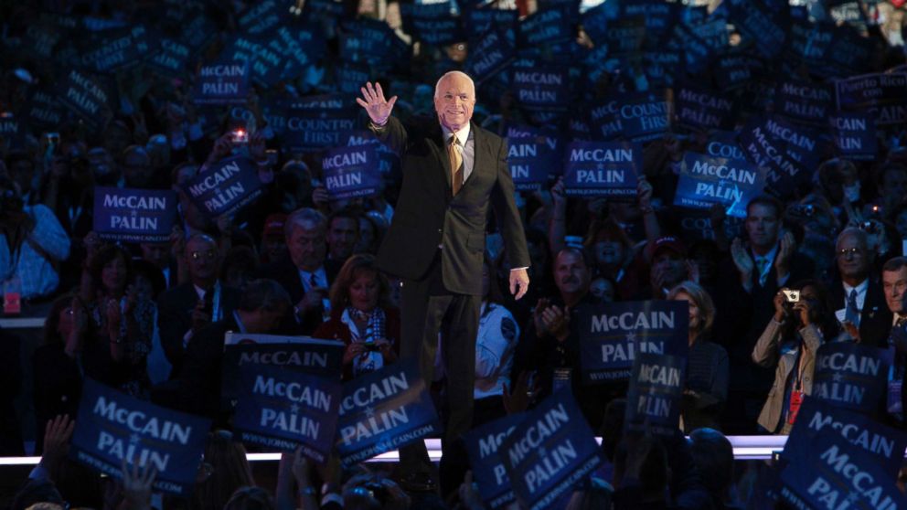 PHOTO: Senator and presidential candidate John McCain acknowledges the crowd at the Republican National Convention in St. Paul, Minn., Sept. 4, 2008.